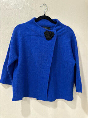 Jones New York Boiled Wool  Royal Cobalt Blue Asymmetric Brooch Cardigan XS